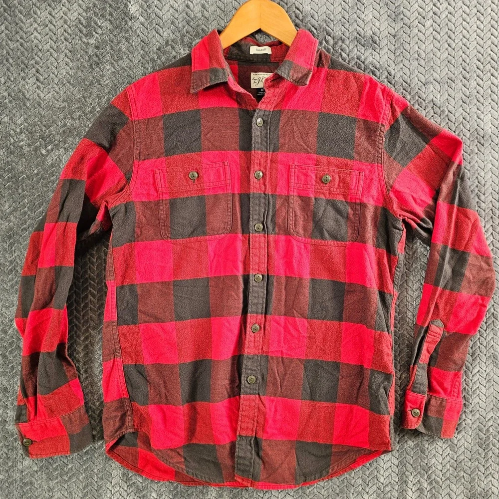 J Crew‎ Classic Red Black Buffalo Plaid Flannel Shirt Men's Medium Cotton